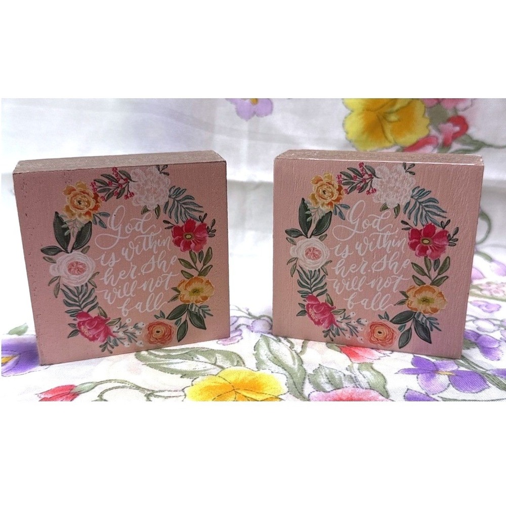 Set of 2 Floral Wood Block Signs God Is Within Her She Will Not Fall 3"